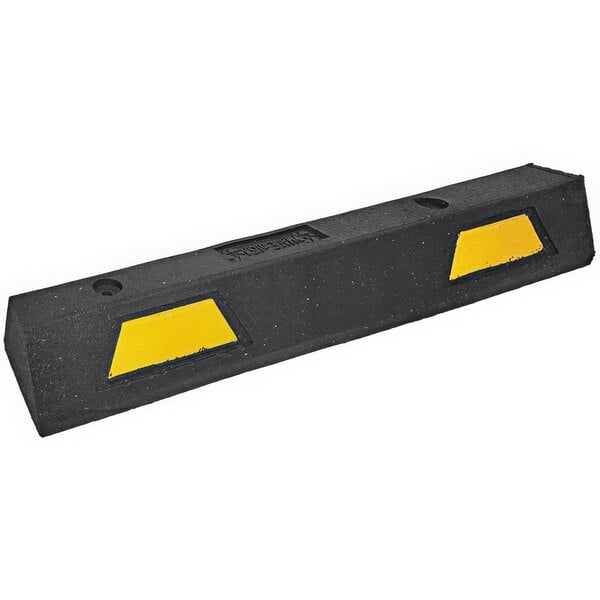 A black Plasticade car stop with yellow stripes.
