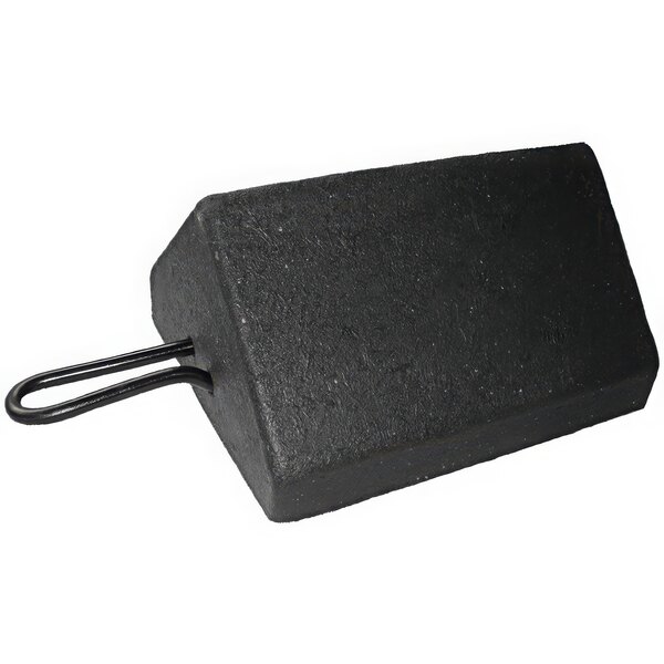 A black rectangular Plasticade wheel chock with a steel handle.