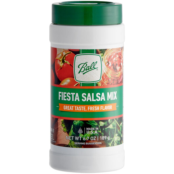 A white Ball jar of Ball Fiesta Salsa Mix with a green and white label.