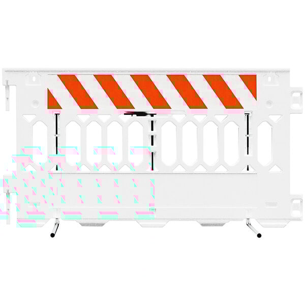 A white Plasticade Pathcade barricade with engineer grade white striped sheeting on one side.