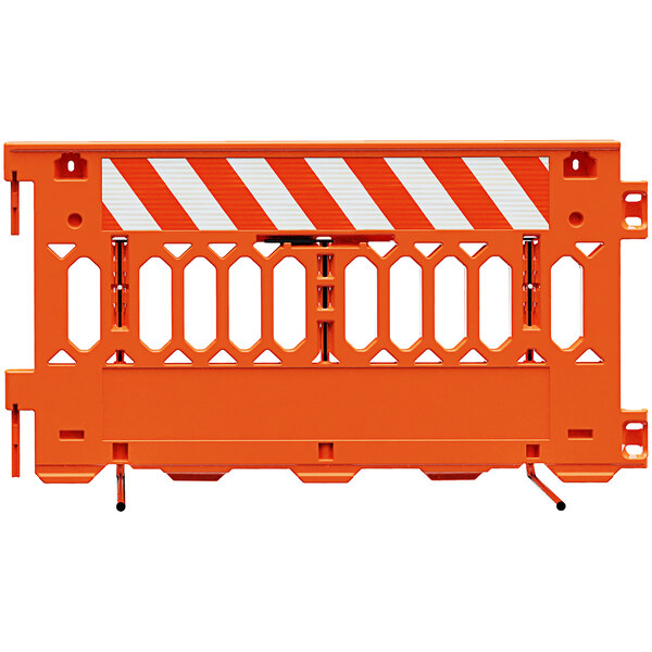 An orange and white Plasticade barricade with white striped sheeting on both sides.