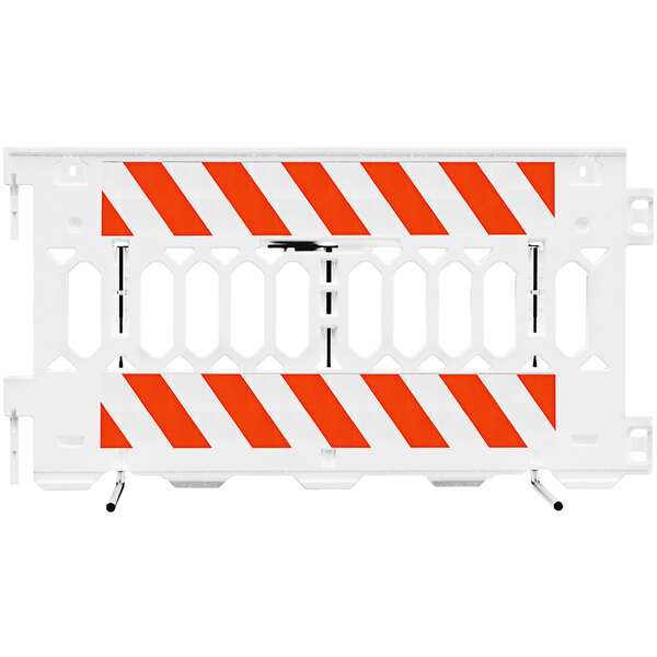 A white Plasticade barricade with white engineer grade striped sheeting on both sides.