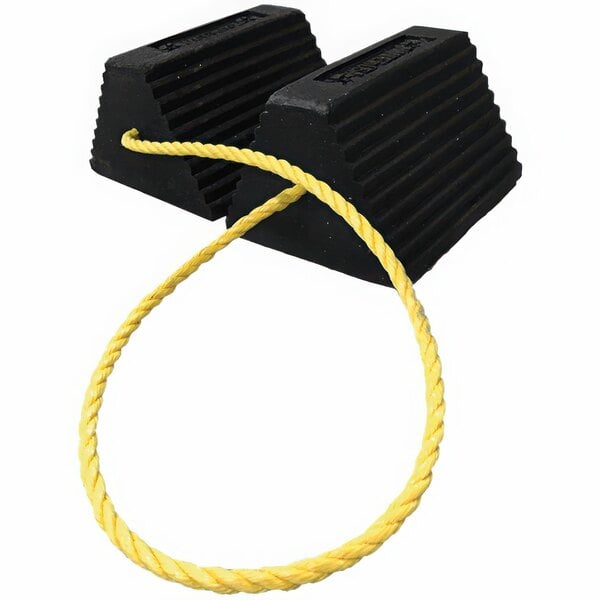Two black rubber wheel chocks with a yellow rope tied to them.