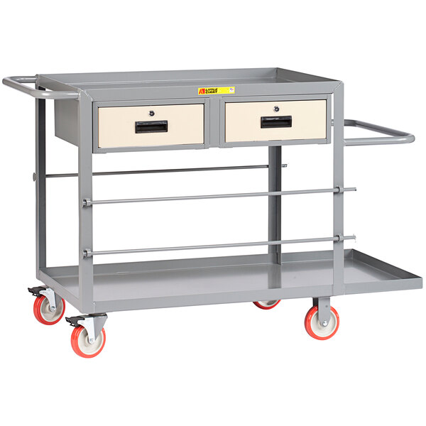 A gray Little Giant wire cart with two drawers and red wheels.