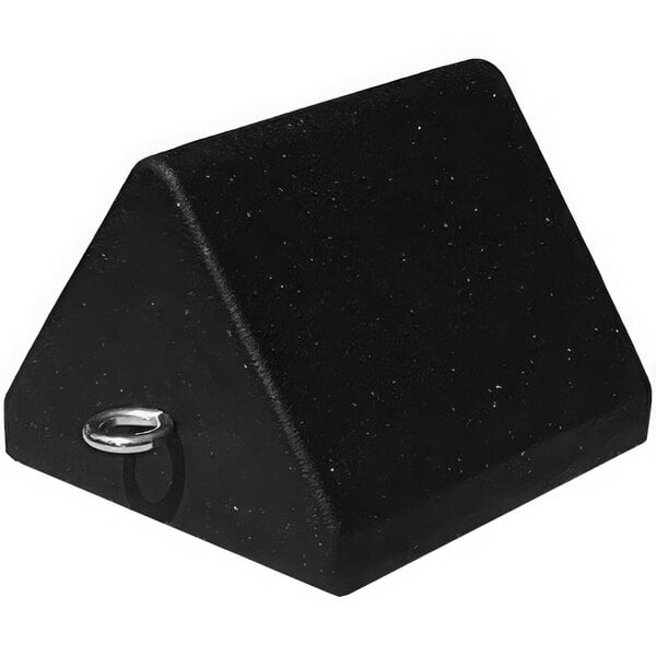 A black triangle-shaped Plasticade wheel chock with a silver metal ring.