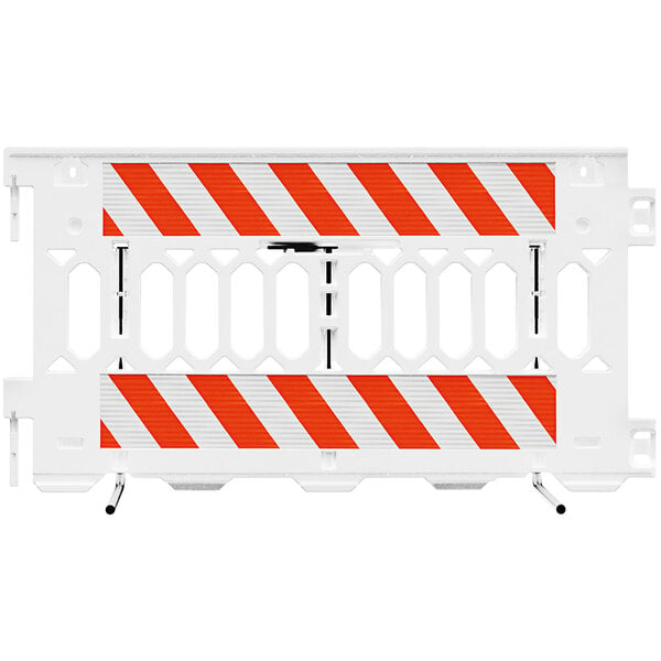 A white Plasticade Pathcade parade barricade with a white striped sign.