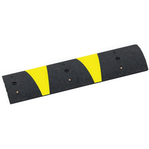 A black Rubber Plasticade Speed Bump with 2 yellow reflective stripes and 6 cat eye reflectors.