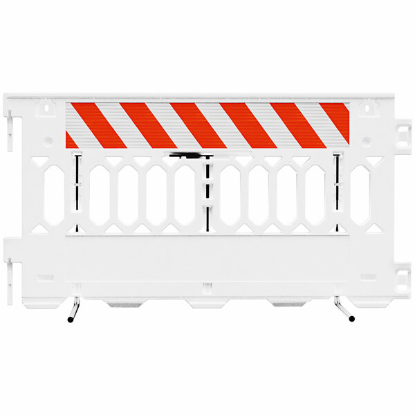A white Plasticade Pathcade barricade with a white striped section and orange accents.