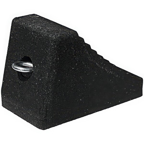 A black rubber wheel chock with a metal eyebolt.