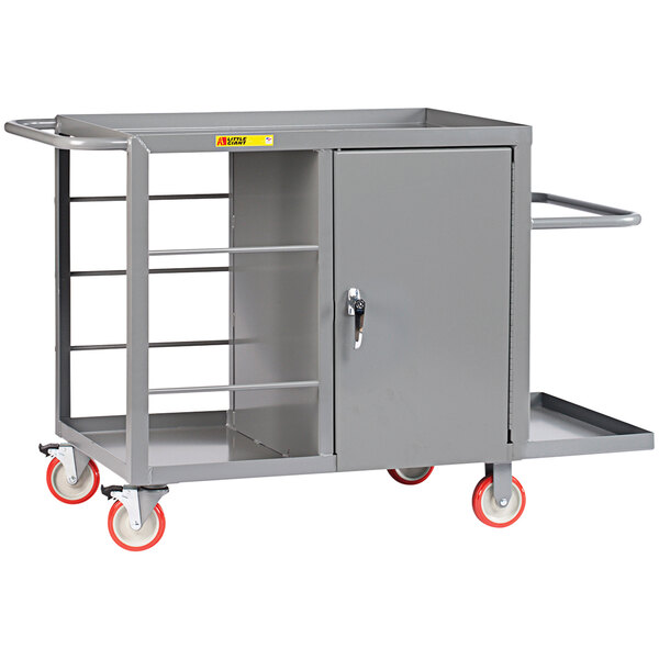 A gray metal Little Giant wire cart with red wheels.