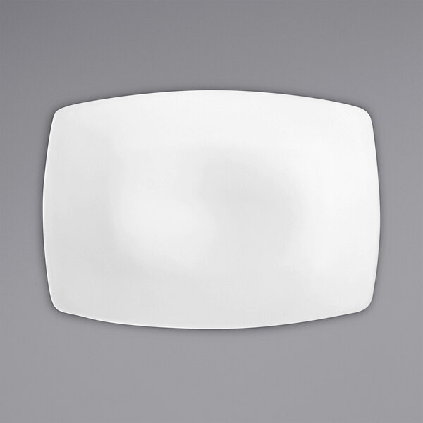 A white rectangular porcelain platter with a white rim.