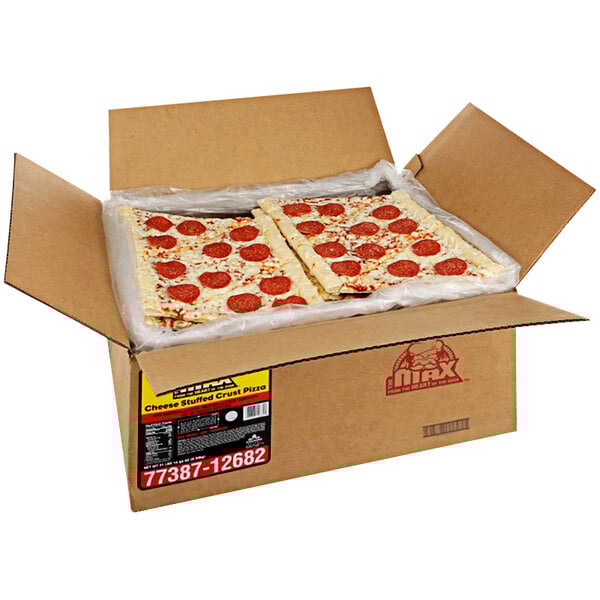 A white box with The MAX Whole Grain Stuffed Crust Pepperoni Pizzas inside.