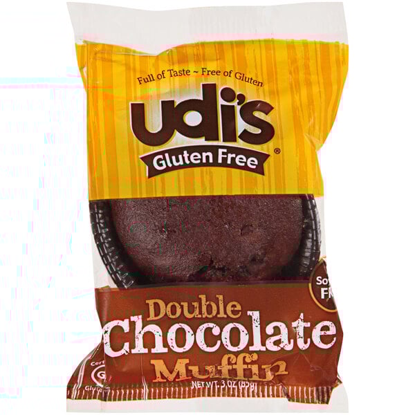 A white bag of Udi's Gluten-Free Double Chocolate Muffins.