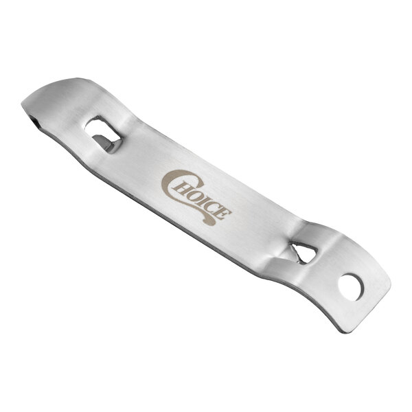 A stainless steel church key and bottle opener with the brand name 'Choice' engraved on it.