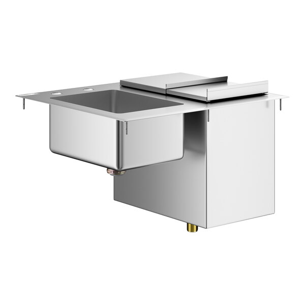 A stainless steel drop-in unit featuring a hand sink on the left and an ice bin with a sliding cover on the right.