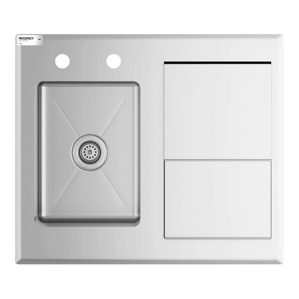A stainless steel fixture with a rectangular sink basin on the left, two faucet holes above, and two covered compartments on the right.