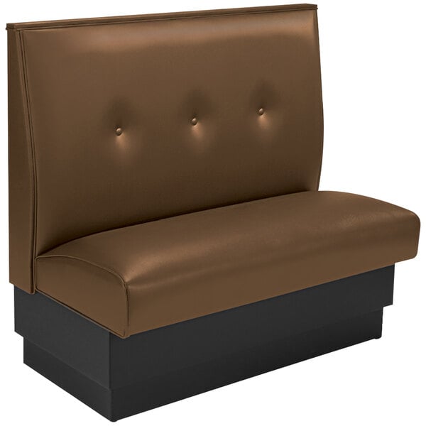 An American Tables & Seating brown upholstered restaurant booth with a black base.