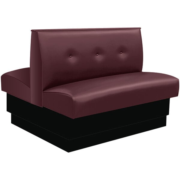 An American Tables & Seating red leather double booth with a tufted back and black base.