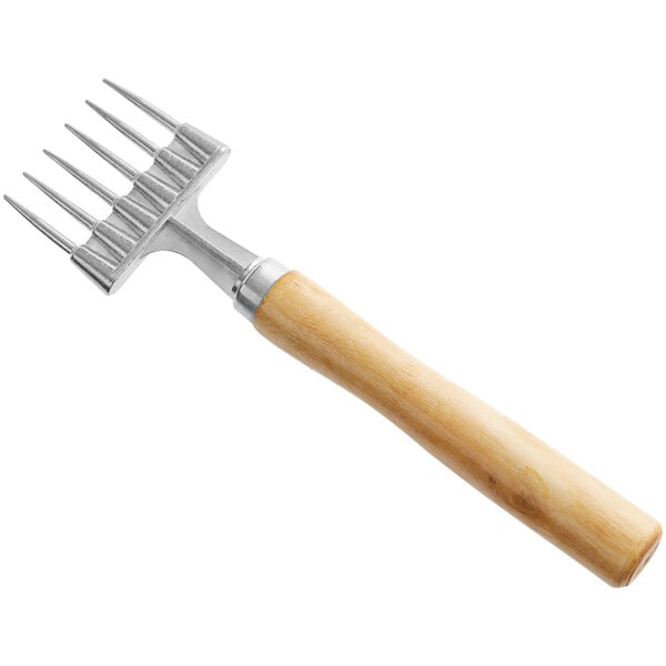 An Acopa steel ice chipper with a wooden handle.