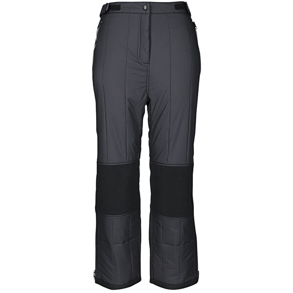 A pair of black RefrigiWear quilted pants with zippers.