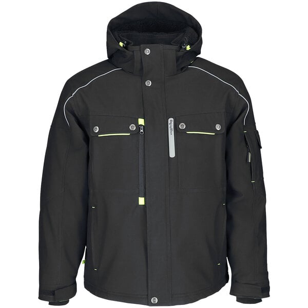 A black RefrigiWear jacket with white trim and yellow accents.