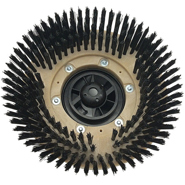 A Powr-Flite 12" right soft polypropylene scrub brush with black bristles on a circular object.