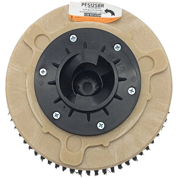 A black circular Powr-Flite soft polypropylene scrub brush with brown and black screws.