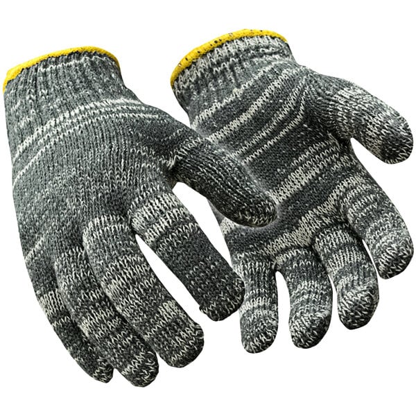 A pair of RefrigiWear midweight glove liners with yellow lining and a yellow stripe.