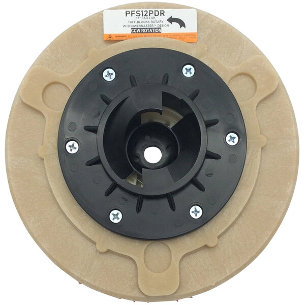 A red circular Powr-Flite pad driver with a black center.