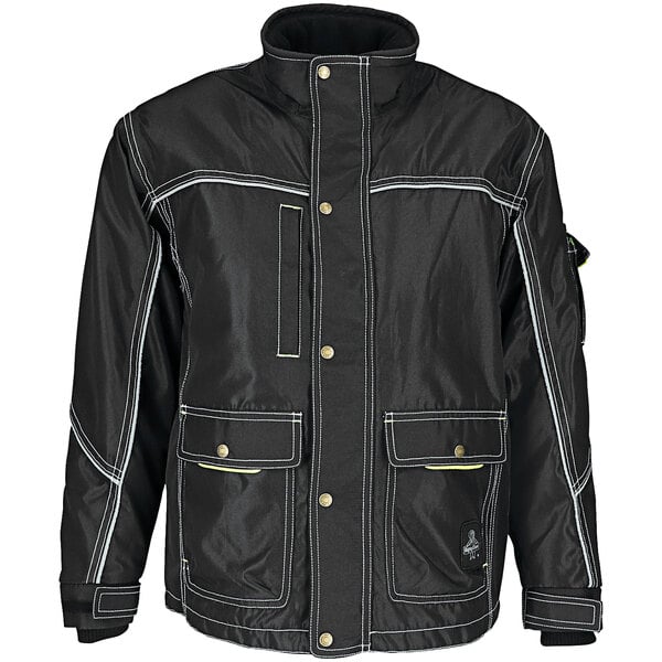 A black RefrigiWear ErgoForce jacket with white stitching and yellow trims.