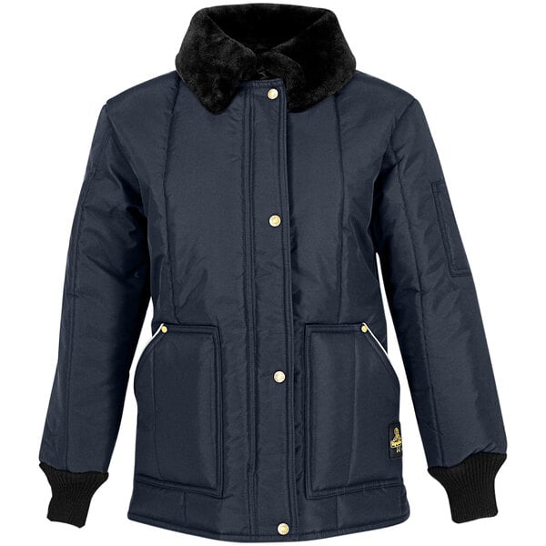 A navy RefrigiWear women's jacket with a fur collar.