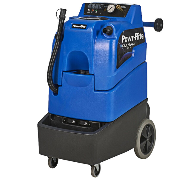 A blue Powr-Flite Pulsar Delta+ 15 gallon carpet extractor with black wheels and hoses.