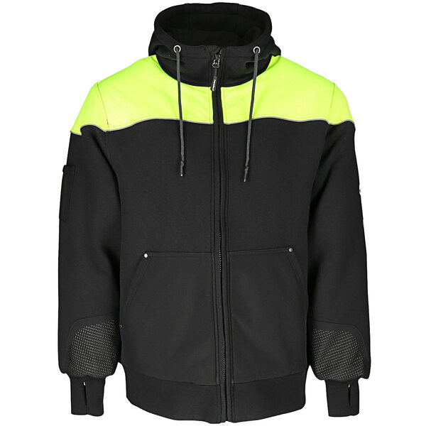 A black and lime green RefrigiWear hooded sweatshirt with reflective detailing.