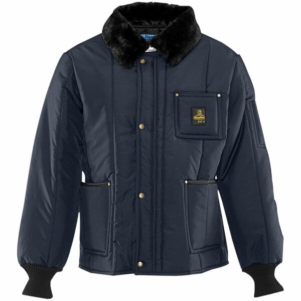 A navy RefrigiWear jacket with a black fur collar.