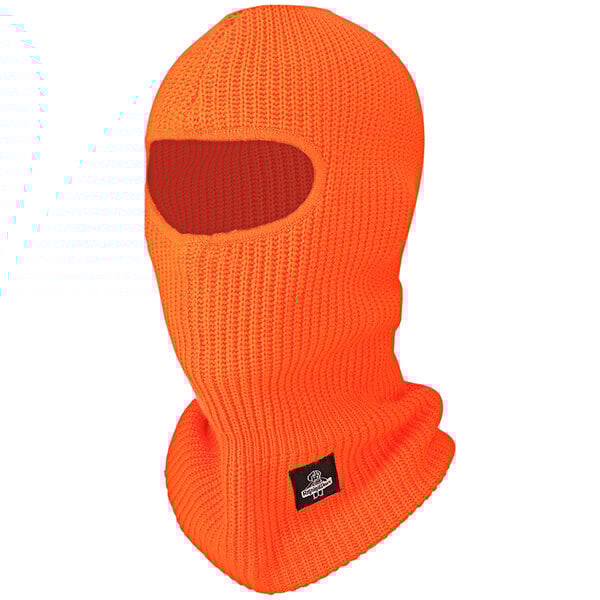 An orange RefrigiWear ski mask with an open hole and a white logo.