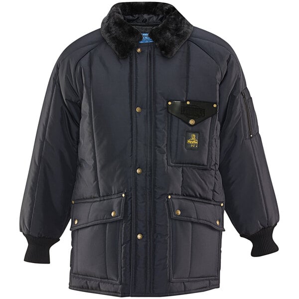 A navy RefrigiWear Iron-Tuff jacket with a fur collar.