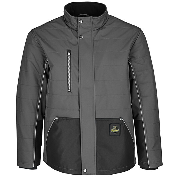 A grey and black RefrigiWear ChillShield men's jacket with a soft, lightweight material.