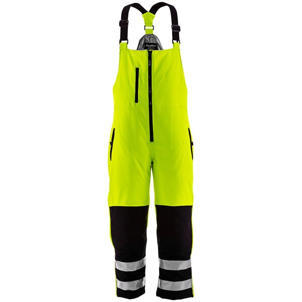 RefrigiWear medium HiVis yellow and black insulated softshell bib overalls with black accents.