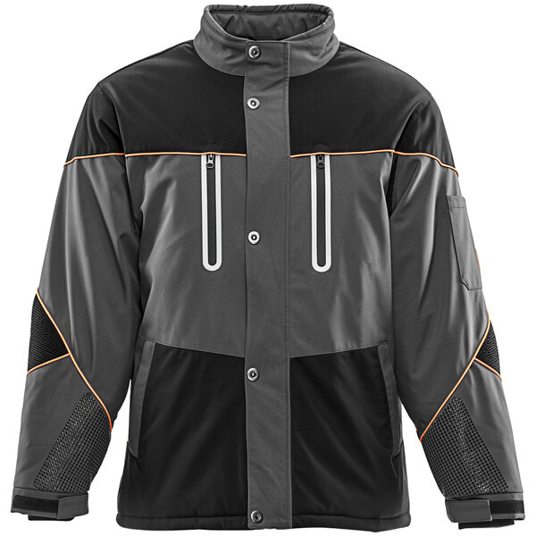 A black and charcoal RefrigiWear Polarforce jacket with a zipper.