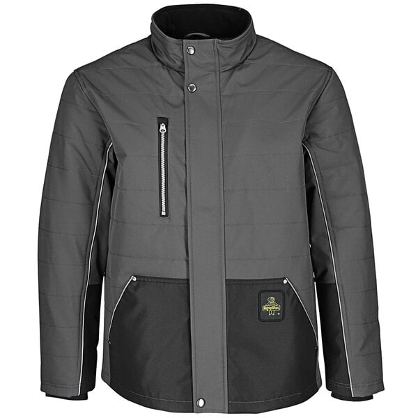 A grey and black RefrigiWear ChillShield industrial work jacket for men.