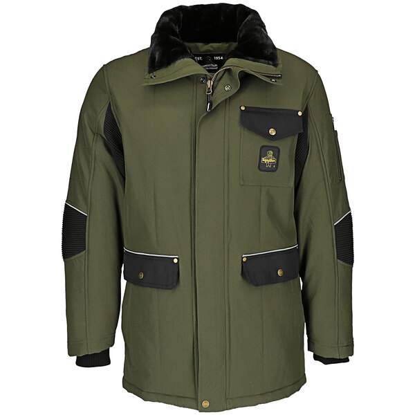 A dark green RefrigiWear industrial work jacket with black trims and patches.