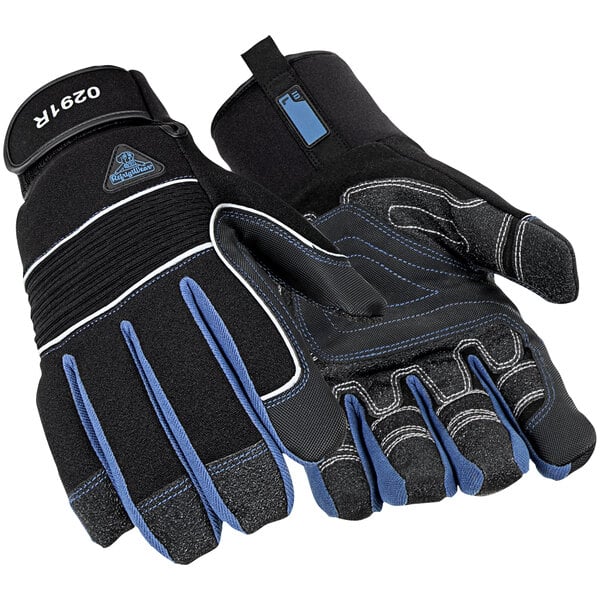 A pair of black RefrigiWear waterproof gloves with blue trim.