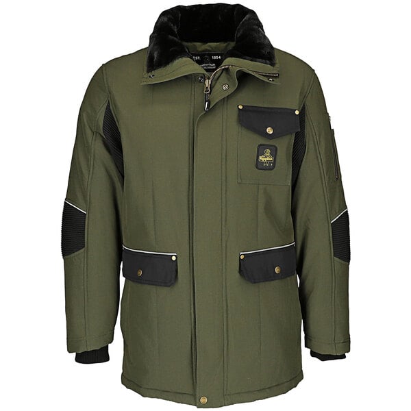 A dark green RefrigiWear industrial jacket with black patches and a black collar.