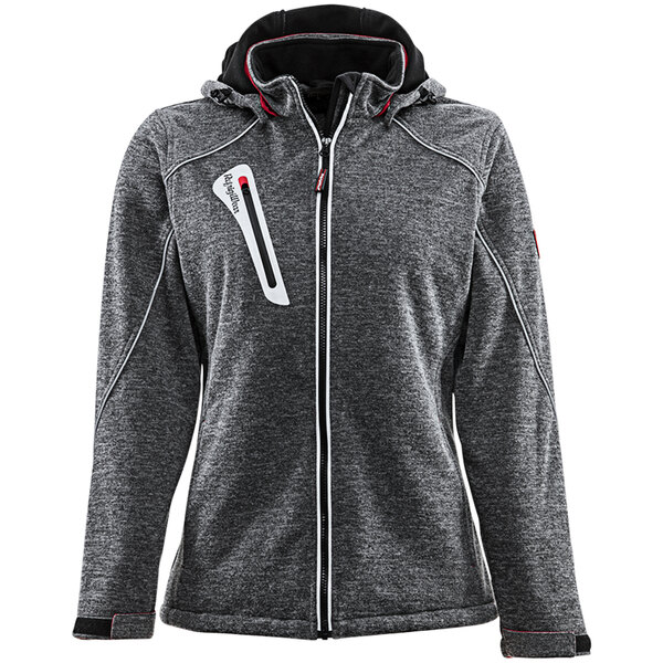 A grey RefrigiWear Women's Extreme Sweater Jacket with red accents and a zipper.