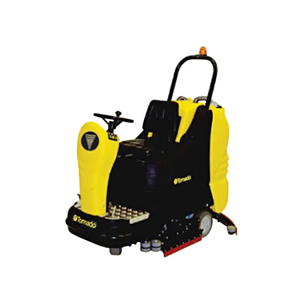 A black and yellow Tornado ride-on floor scrubber with wheels.