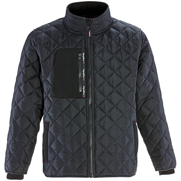 A navy RefrigiWear quilted jacket with a black zipper.