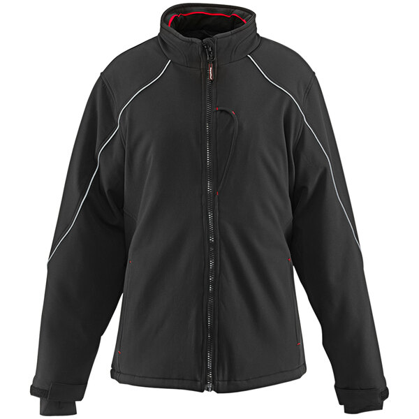 A black RefrigiWear softshell jacket with white piping and a zipper.