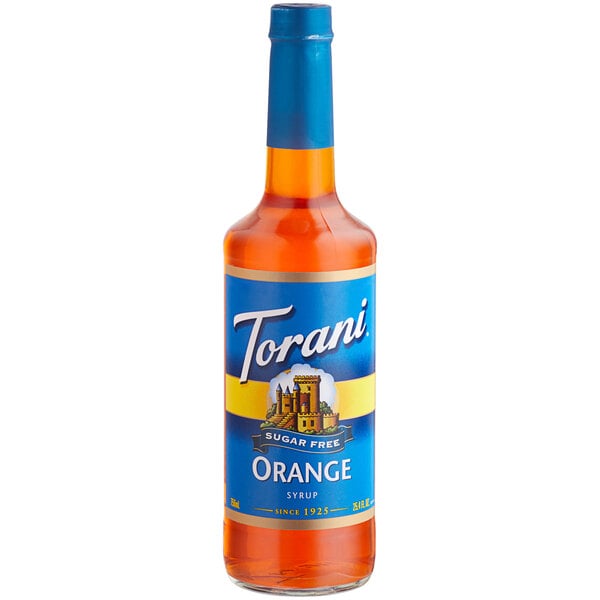 A close-up of a Torani Sugar-Free Orange Fruit Syrup 750 mL glass bottle with a blue label.