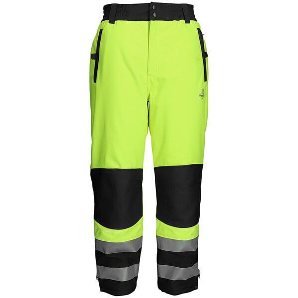 A pair of yellow pants with reflective stripes.