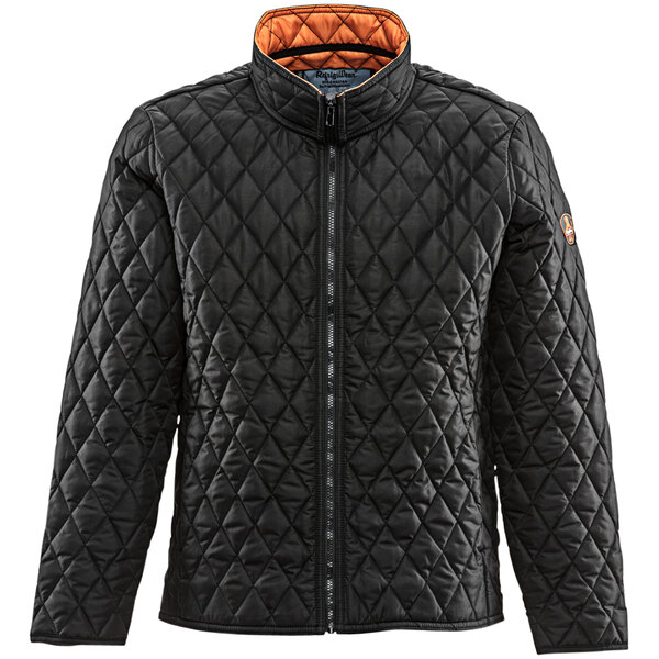 A black RefrigiWear quilted jacket with orange trim.